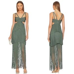 NEW NWT Herve Leger Strappy Tiered Fringe Gown In Willow Green